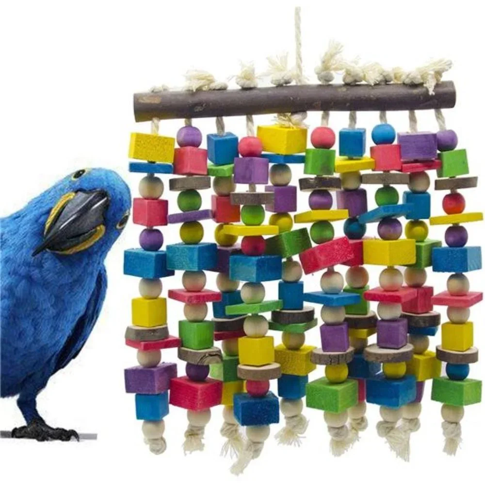 Large Bird Parrot Chewing Toy - Multicolored Natural Wooden Blocks Bird Parrot